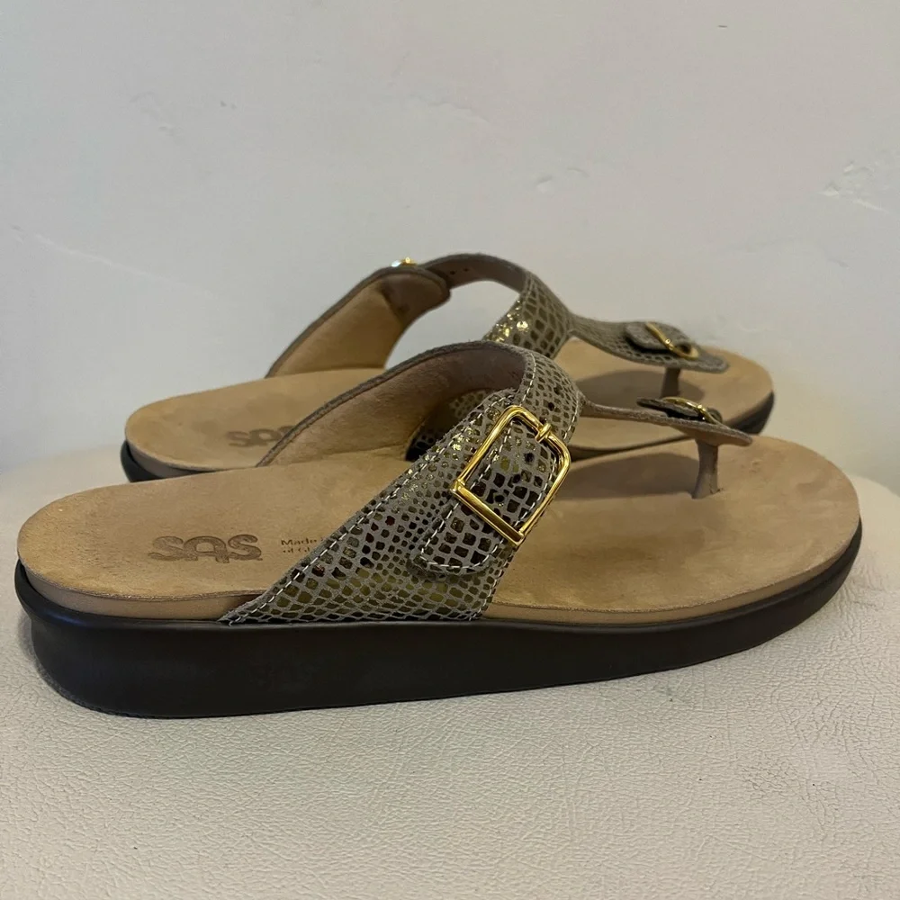 SAS Sanibel Oro Gold Leather Comfortable T-Strap Sandals Women’s Size 10